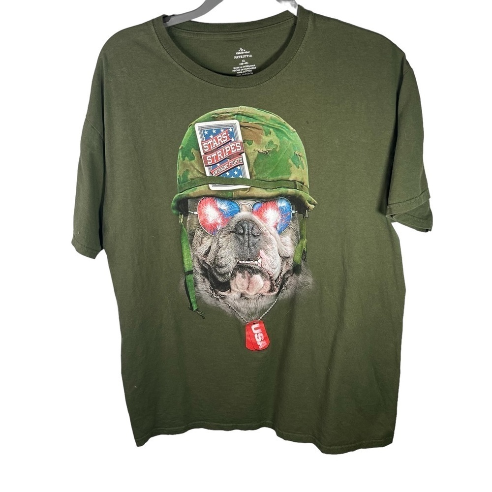 Patriotic Bull Dog Military Helmet T-Shirt Stars Stripes & Winning Fights Green